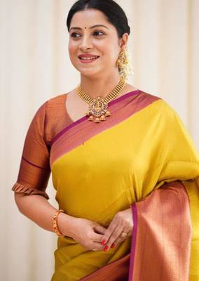 ethnic light yellow self design south silk fancy saree with unstitched blouse 2