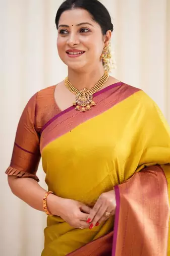 ethnic light yellow self design south silk fancy saree with unstitched blouse