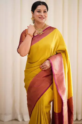 ethnic light yellow self design south silk fancy saree with unstitched blouse