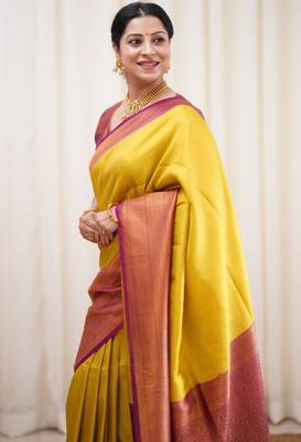 ethnic light yellow self design south silk fancy saree with unstitched blouse 4
