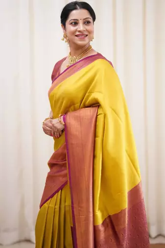 ethnic light yellow self design south silk fancy saree with unstitched blouse