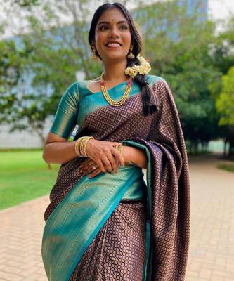  aqua blue woven pure art silk gift saree with unstitched blouse 1