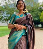 trendy aqua blue woven pure art silk gift saree with unstitched blouse