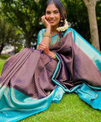  aqua blue woven pure art silk gift saree with unstitched blouse 2