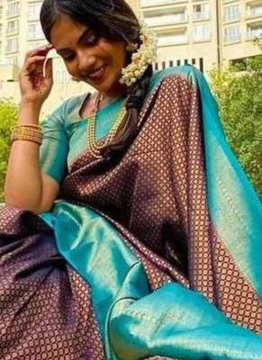  aqua blue woven pure art silk gift saree with unstitched blouse 3