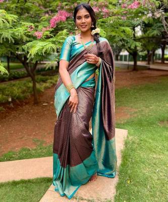  aqua blue woven pure art silk gift saree with unstitched blouse 4