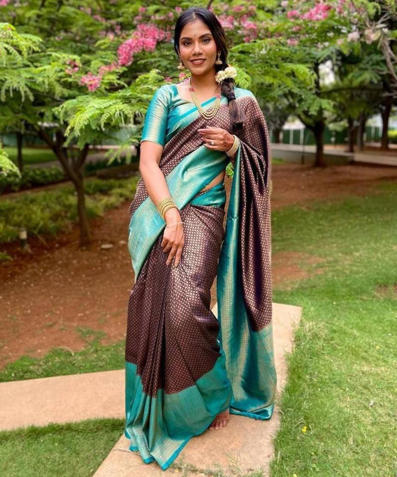 trendy aqua blue woven pure art silk gift saree with unstitched blouse