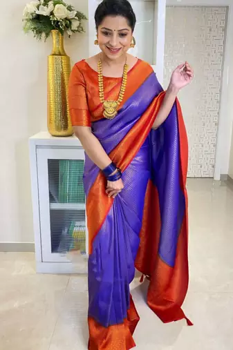 traditional blue jacquard art silk fancy saree with unstitched blouse