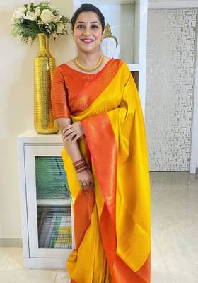 indian yellow resham thread cotton silk kerala saree with unstitched blouse 1