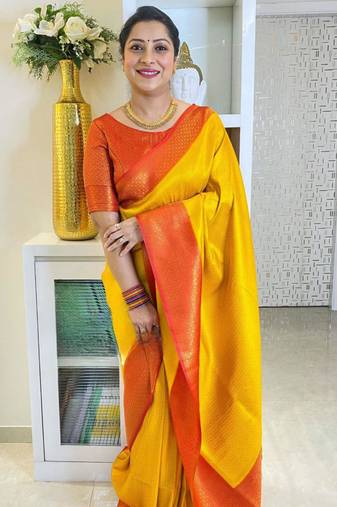 indian yellow resham thread cotton silk kerala saree with unstitched blouse