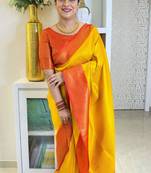 indian yellow resham thread cotton silk kerala saree with unstitched blouse