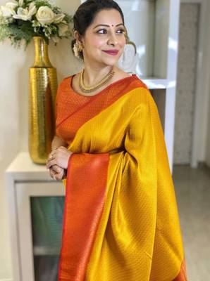 indian yellow resham thread cotton silk kerala saree with unstitched blouse 2