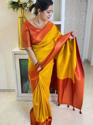 indian yellow resham thread cotton silk kerala saree with unstitched blouse 3