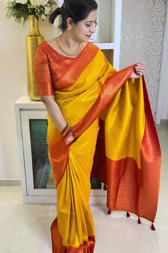 indian yellow resham thread cotton silk kerala saree with unstitched blouse