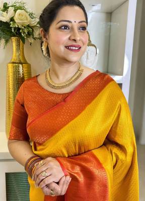 indian yellow resham thread cotton silk kerala saree with unstitched blouse 4