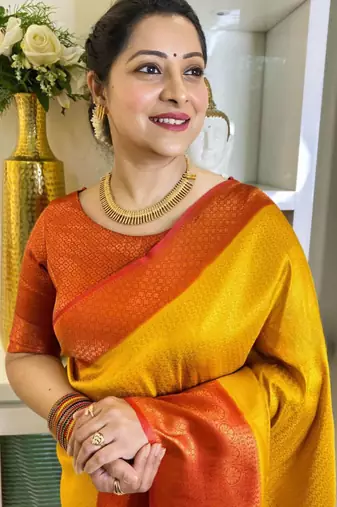 indian yellow resham thread cotton silk kerala saree with unstitched blouse