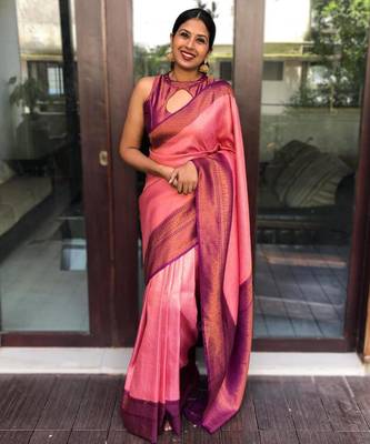 elegance pink banarasi art silk blend light weight saree with unstitched blouse 1