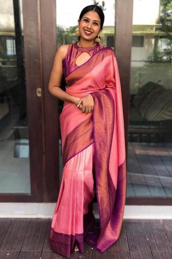 elegance pink banarasi art silk blend light weight saree with unstitched blouse