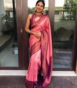 elegance pink banarasi art silk blend light weight saree with unstitched blouse