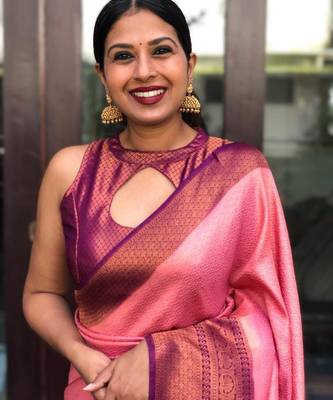 elegance pink banarasi art silk blend light weight saree with unstitched blouse 2