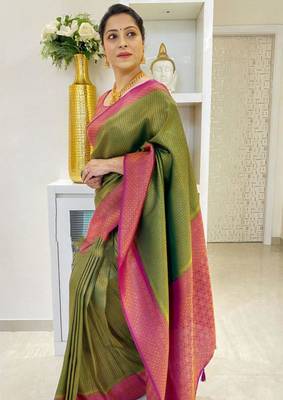  mehendi self design pure art silk blend multicolor saree with unstitched blouse 1