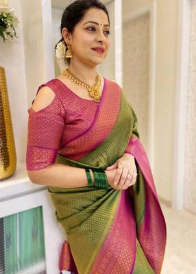  mehendi self design pure art silk blend multicolor saree with unstitched blouse 2