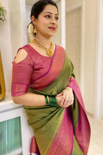  mehendi self design pure art silk blend multicolor saree with unstitched blouse
