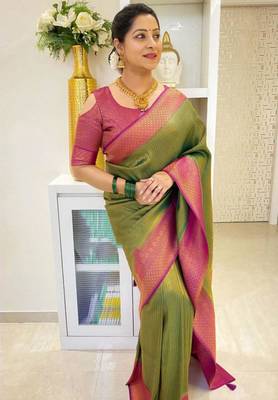  mehendi self design pure art silk blend multicolor saree with unstitched blouse 3