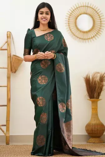traditional jacquard dark green self design art silk all seasons saree with unstitched blouse
