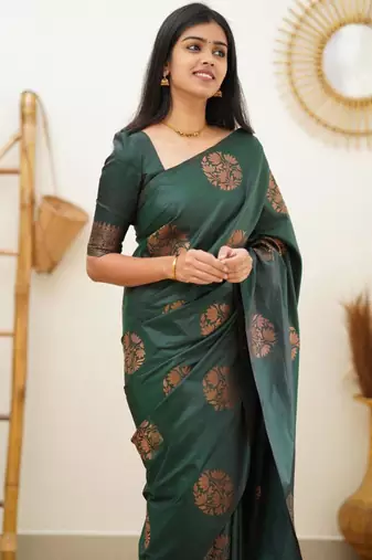  jacquard dark green self design art silk all seasons saree with unstitched blouse