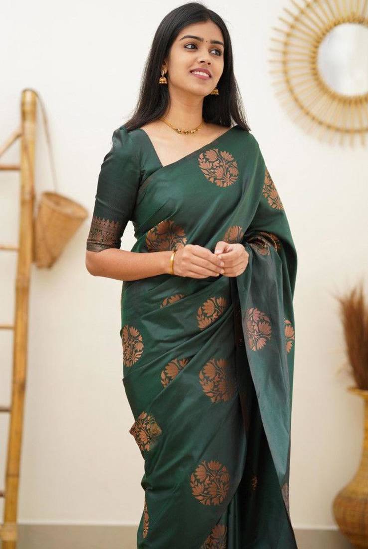 traditional jacquard dark green self design art silk all seasons saree with unstitched blouse
