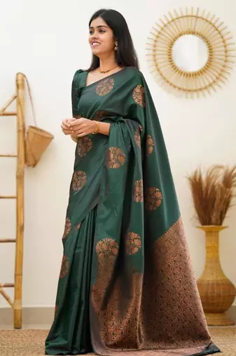  jacquard dark green self design art silk all seasons saree with unstitched blouse