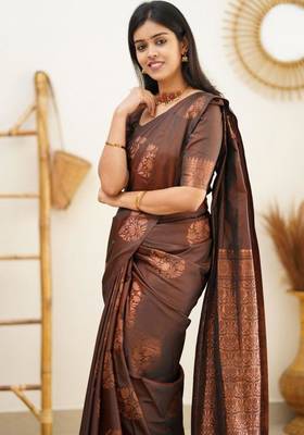  brown jacquard south silk fancy saree with unstitched blouse 1