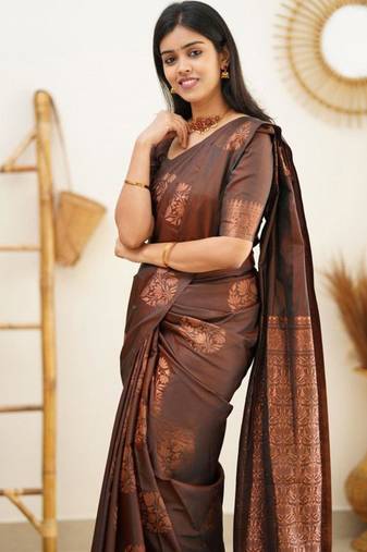 bollywood brown jacquard south silk fancy saree with unstitched blouse