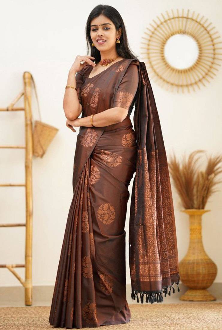 bollywood brown jacquard south silk fancy saree with unstitched blouse