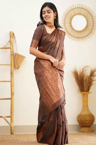 brown jacquard south silk fancy saree with unstitched blouse