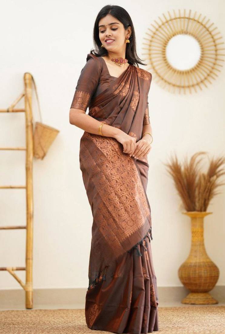 bollywood brown jacquard south silk fancy saree with unstitched blouse