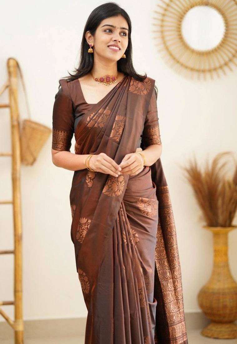 bollywood brown jacquard south silk fancy saree with unstitched blouse