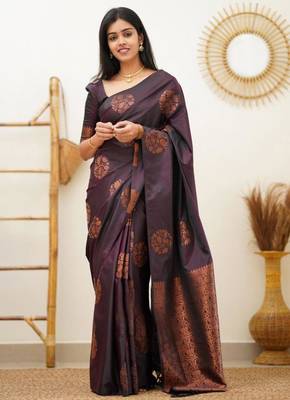 kanjivaram purple resham thread pure art silk gift saree with unstitched blouse 1