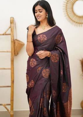 kanjivaram purple resham thread pure art silk gift saree with unstitched blouse 2