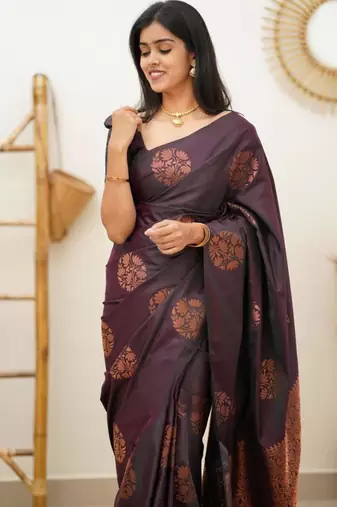 kanjivaram purple resham thread pure art silk gift saree with unstitched blouse