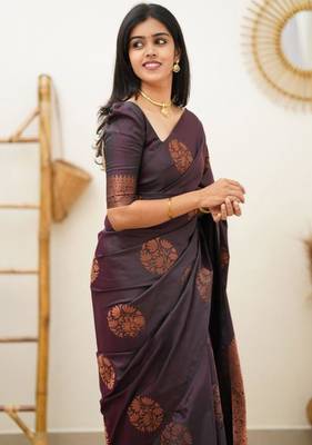 kanjivaram purple resham thread pure art silk gift saree with unstitched blouse 3