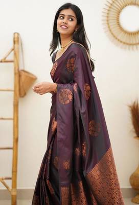 kanjivaram purple resham thread pure art silk gift saree with unstitched blouse 4