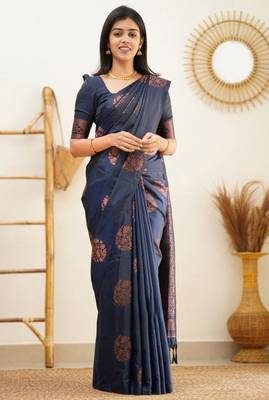  navy blue banarasi art art silk jacquard saree with unstitched blouse 1