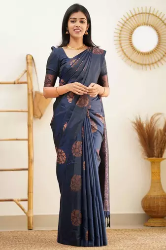 designer navy blue banarasi art art silk jacquard saree with unstitched blouse