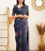 designer navy blue banarasi art art silk jacquard saree with unstitched blouse