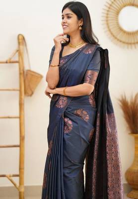  navy blue banarasi art art silk jacquard saree with unstitched blouse 2