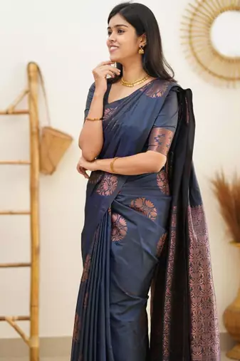  navy blue banarasi art art silk jacquard saree with unstitched blouse