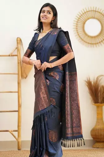  navy blue banarasi art art silk jacquard saree with unstitched blouse