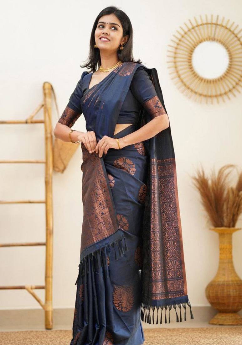 designer navy blue banarasi art art silk jacquard saree with unstitched blouse